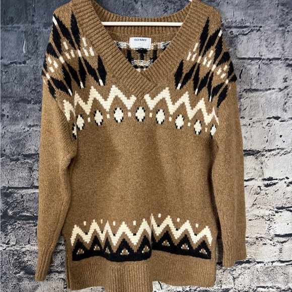 Old Navy Sweater‎ Womans Small Brown Fair Isle V-Neck Pullover Soft Knit Grandma - Picture 1 of 7